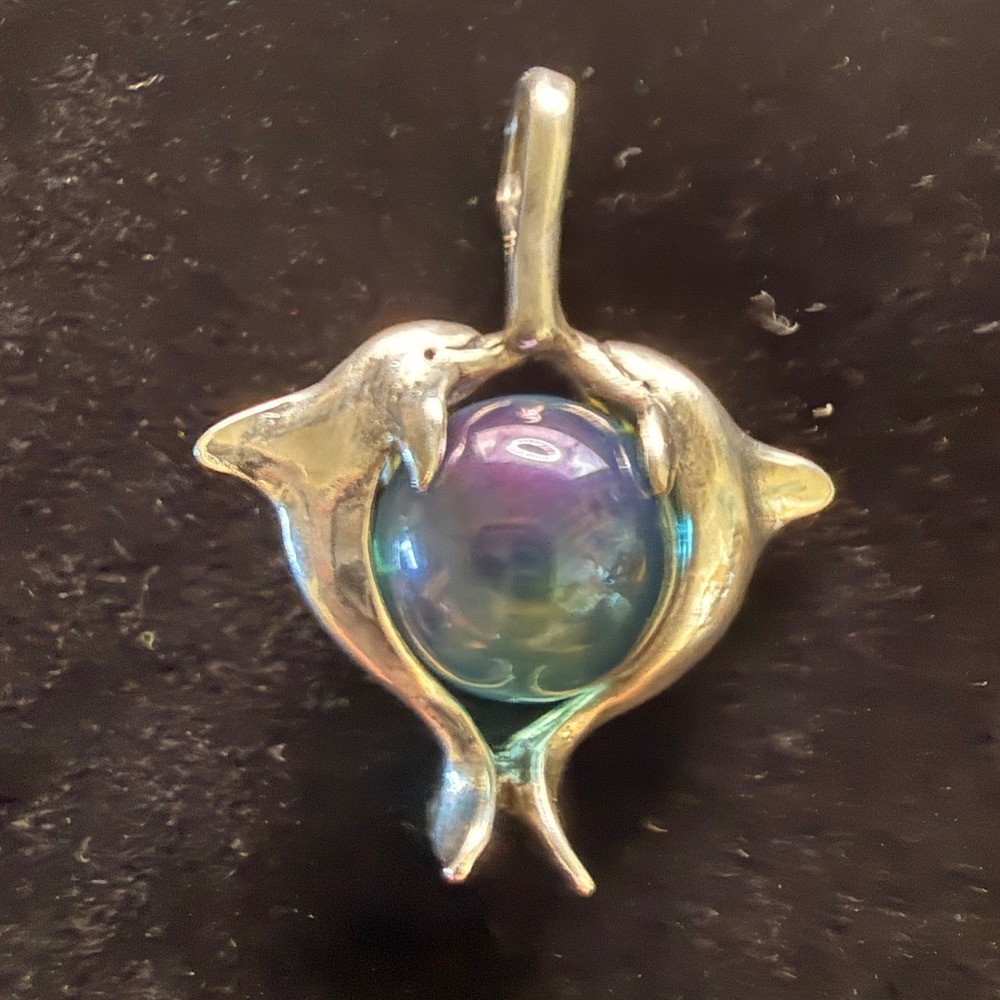 Vintage 90s Sterling Silver Dolphin Pendant Iridescent Cabochon Ocean Jewelry - Picture 6 of 6